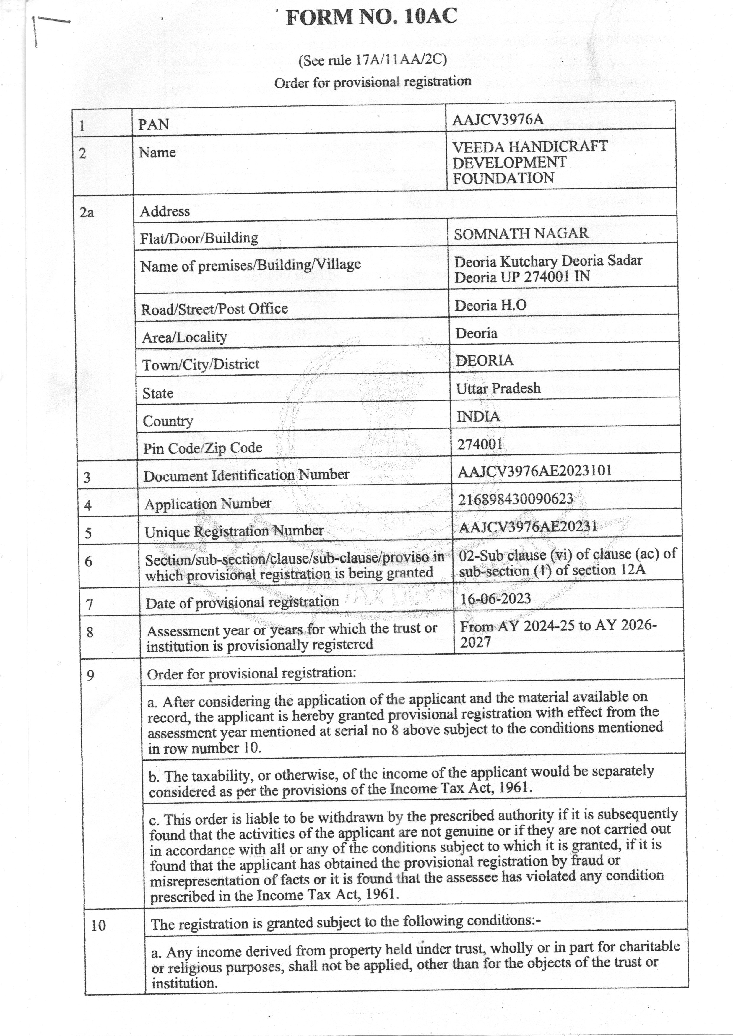 Form No. 10AC – Order for Provisional Registration